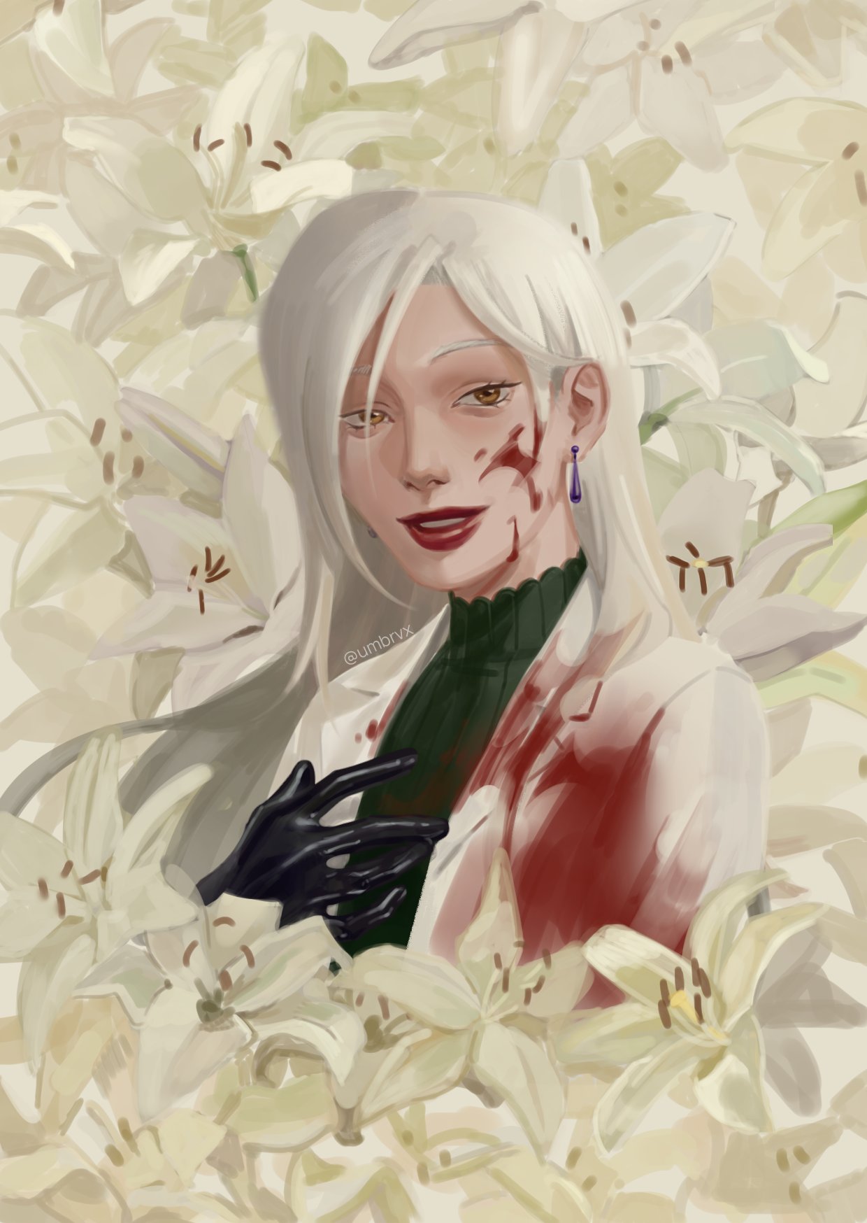 lee seolhwa, omniscient reader's viewpoint, white lily, highres, 1girl, black gloves, blood, blood on clothes, blood on face, blood stain, coat, gloves, green shirt, hand on own chest, long hair, looking at viewer, red lips, shirt, smile, solo, too many flowers, umbrvx, upper body, white coat, white hair