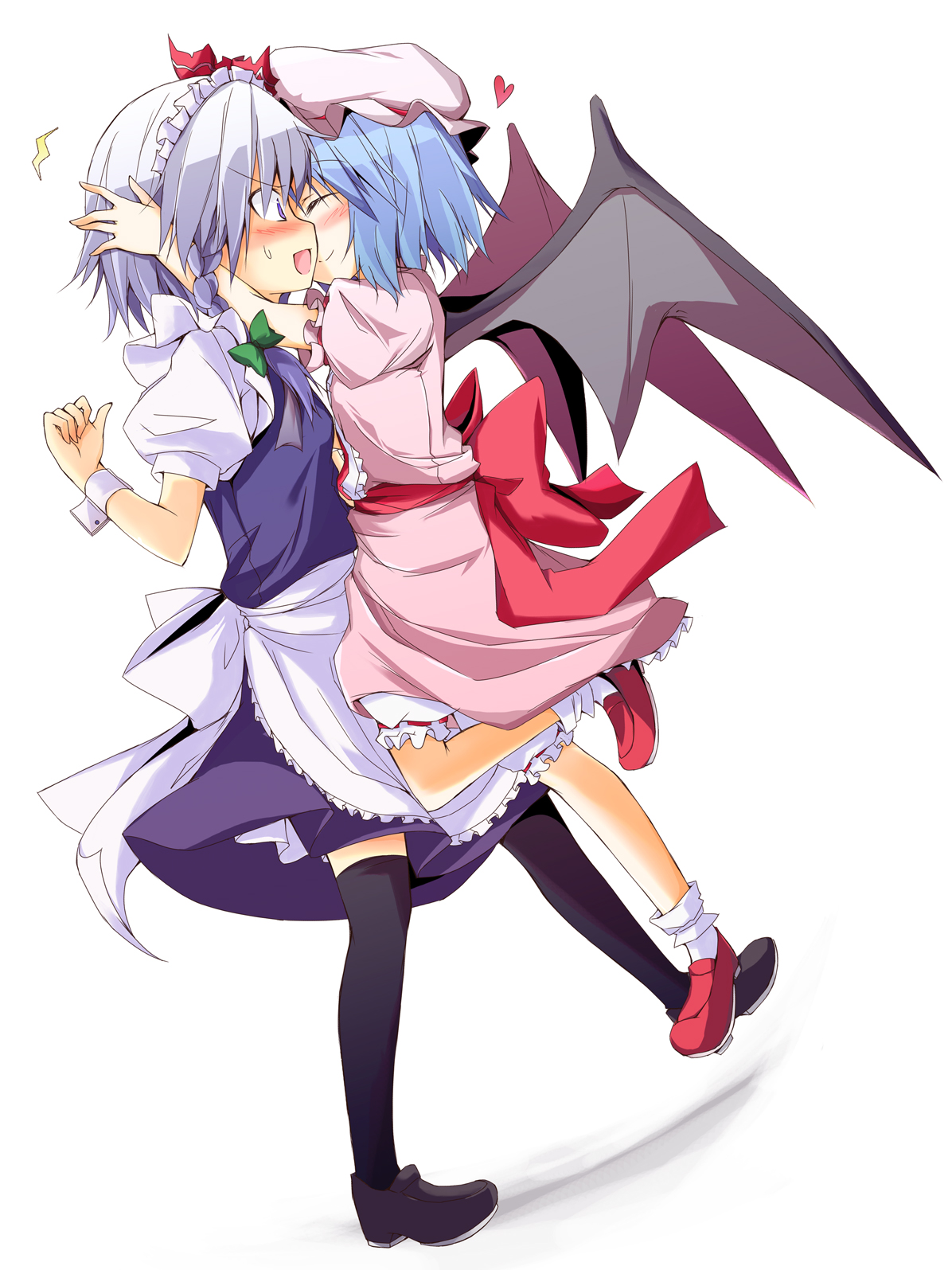 huei nazuki, kazeei naduki, izayoi sakuya, remilia scarlet, touhou, silver hair, highres, 2girls, bat wings, blue eyes, blue hair, blush, braid, closed eyes, demon girl, embarrassed, female focus, hat, headdress, heart, hug, jumping, maid, maid headdress, multiple girls, open mouth, shoes, short hair, smile, socks, surprised, thighhighs, vampire, wings, wrist cuffs, yuri