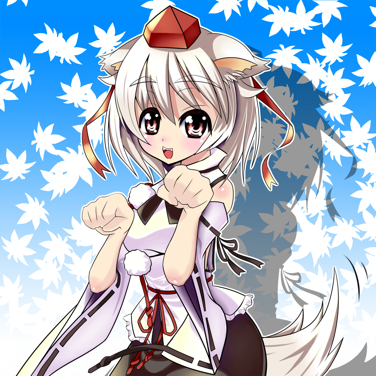 umigarasu, umigarasu (kitsune1963), inubashiri momiji, touhou, silver hair, highres, 1girl, animal ears, bare shoulders, detached sleeves, fang, fangs, female focus, hat, red eyes, shadow, short hair, solo, tail, tokin hat, wolf ears, wolf tail