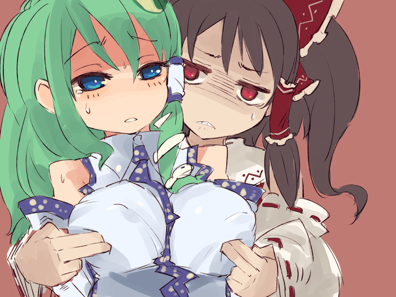 mota, hakurei reimu, kochiya sanae, touhou, breast poke, 2girls, blue eyes, blush, bow, breast envy, breasts, brown hair, covered erect nipples, detached sleeves, female focus, frog hair ornament, green hair, hair bow, hair ornament, hair tubes, large breasts, multiple girls, poking, red eyes, simple background, sketch, snake, you gonna get raped, yuri