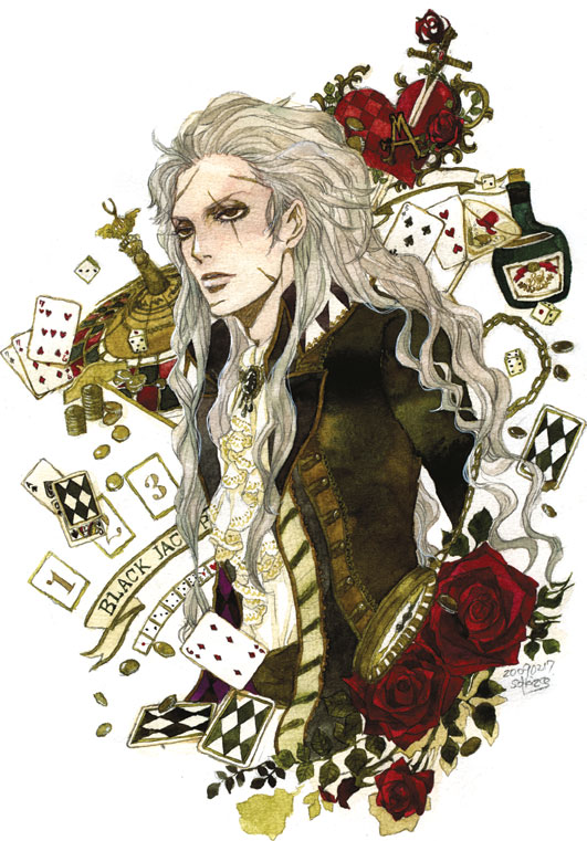 sakizou, setzer gabbiani, final fantasy, final fantasy vi, bad id, bad pixiv id, painting (medium), traditional media, watercolor (medium), 1990s (style), 1boy, bottle, brown eyes, card, dice, floating card, flower, jacket, jewelry, long hair, male focus, retro artstyle, rose, scar, solo, white hair