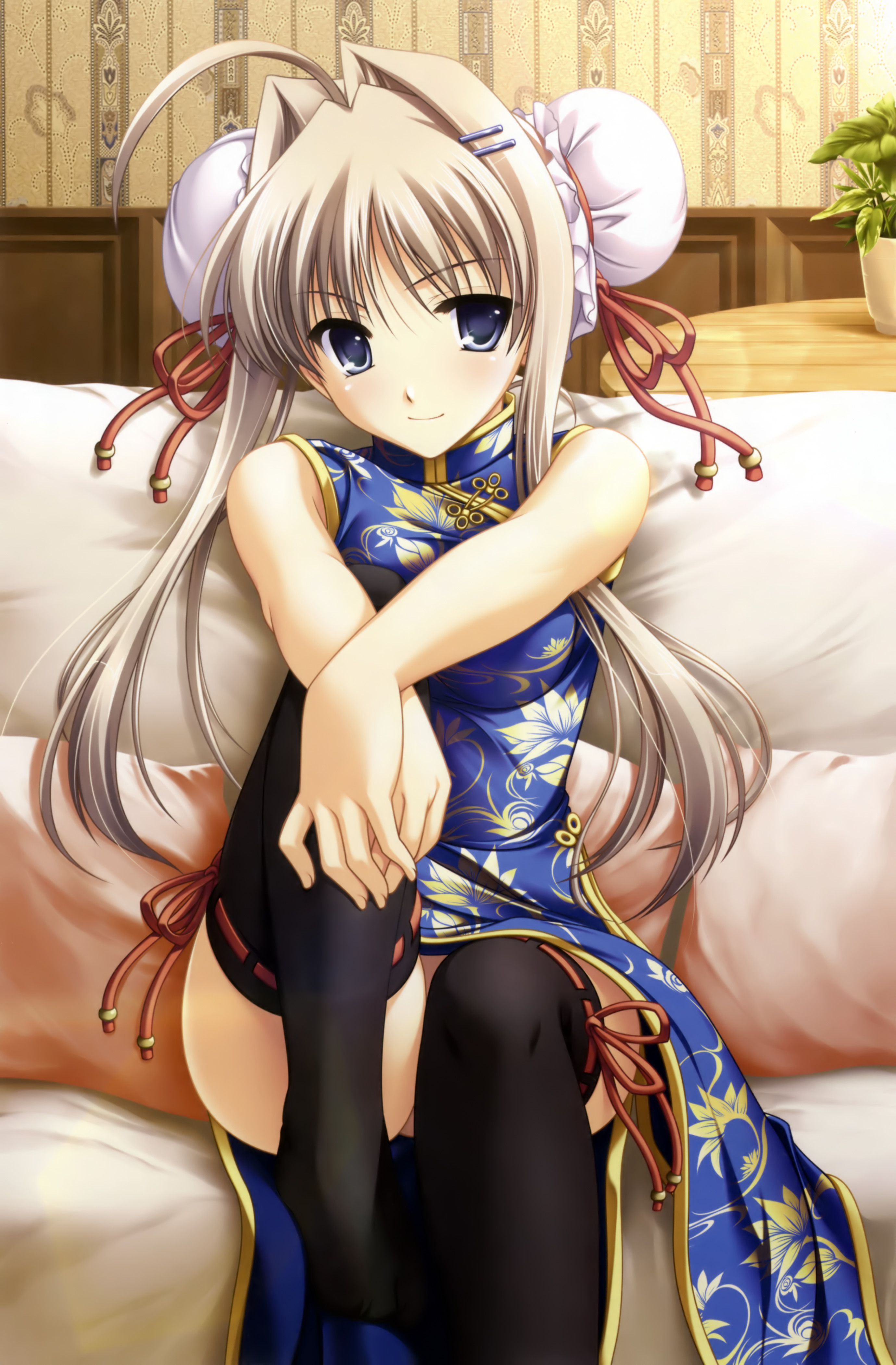 odawara hakone, kannagi rito, concerto note, absurdres, highres, non-web source, 1girl, ahoge, bare shoulders, black thighhighs, blonde hair, blue eyes, bun cover, china dress, chinese clothes, couch, double bun, dress, female focus, hair bun, hair intakes, hair ornament, hairpin, indoors, long hair, sitting, smile, solo, thighhighs