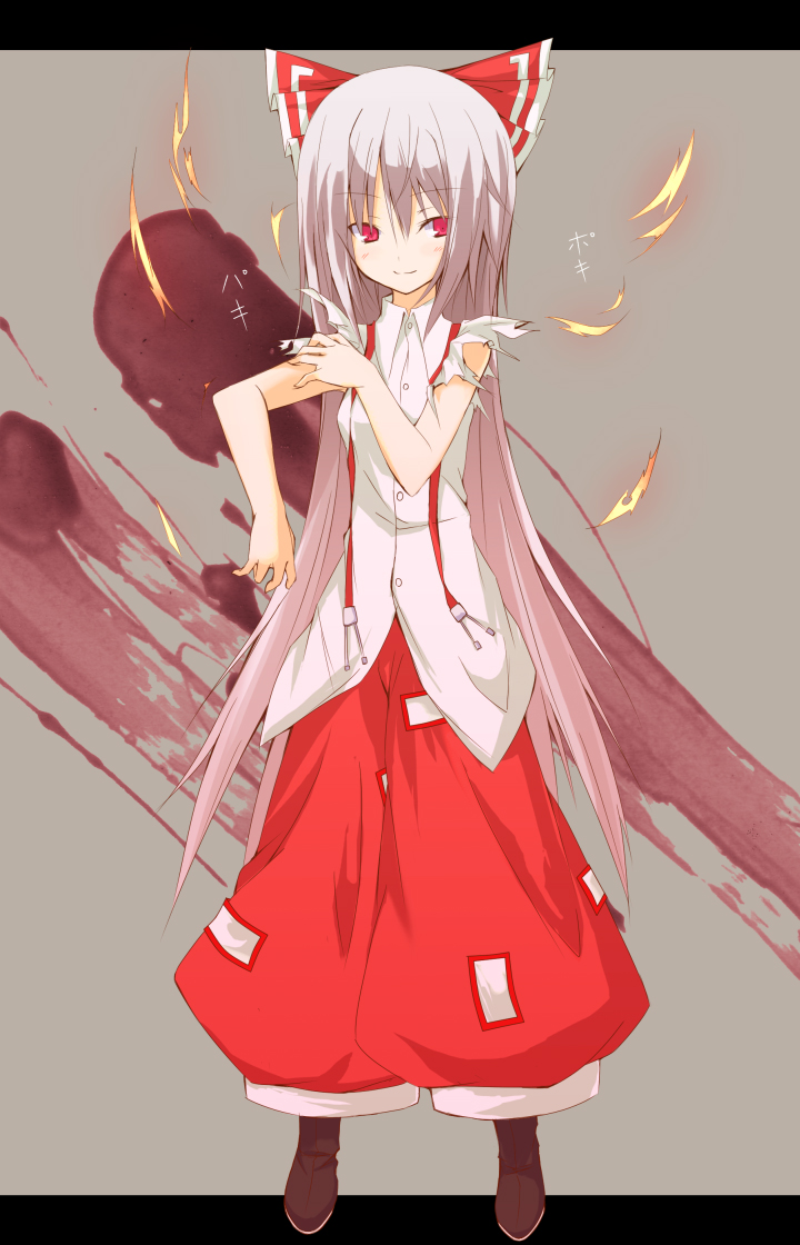 huei nazuki, kazeei naduki, fujiwara no mokou, touhou, silver hair, bad id, bad pixiv id, 1girl, aged down, dress shirt, female focus, fire, long hair, pants, red eyes, shirt, sleeveless, smile, solo, suspenders, torn clothes