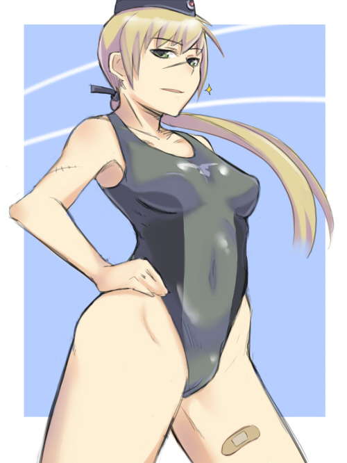 em (totsuzen no hakike), hanna rudel, strike witches, strike witches: suomus misfits squadron, world witches series, 00s, 1girl, bandaid, blonde hair, breasts, cowboy shot, female focus, floating hair, hand on own hip, highleg, highleg one-piece swimsuit, hip focus, long hair, looking at viewer, low ponytail, one-piece swimsuit, outside border, parted lips, ponytail, scar, solo, sparkle, standing, swimsuit