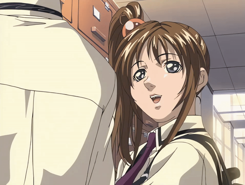 imari kurumi, minase taki, bible black, bible black night of the walpulgiss, animated, animated gif, anime screenshot, tagme, 00s, 1boy, 1girl, 2001, bow, bowtie, brown hair, green eyes, hair ornament, long hair, necktie, red bow, red bowtie, school uniform, shirt, side ponytail, smile