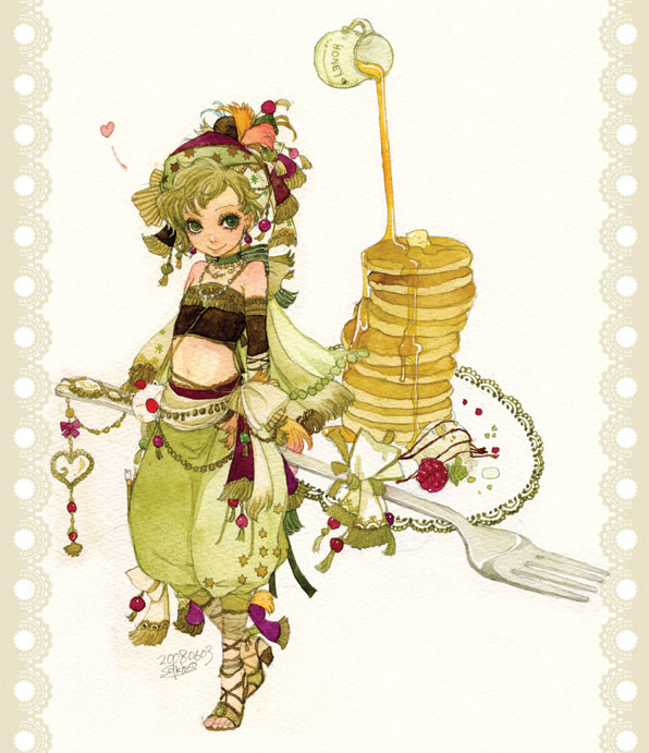 sakizou, mog, moogle, relm arrowny, final fantasy, final fantasy vi, bad id, bad pixiv id, painting (medium), traditional media, watercolor (medium), 1990s (style), 1girl, bandeau, bare shoulders, blonde hair, butter, choker, dripping, earrings, flat chest, food, fork, green eyes, hat, heart, honey, jewelry, midriff, mini person, minigirl, navel, necklace, oversized object, pancake, pancake stack, pouring, retro artstyle, ribbon, sandals, short hair, smile, strapless, tube top