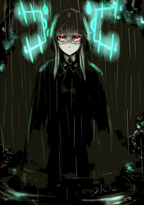 em (totsuzen no hakike), heidimarie w. schnaufer, strike witches, world witches series, bad id, bad pixiv id, 00s, 1girl, female focus, glasses, hirschgeweih antennas, poncho, rain, red eyes, solo