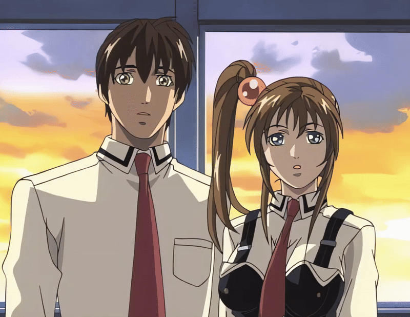 imari kurumi, minase taki, bible black, bible black night of the walpulgiss, animated, animated gif, anime screenshot, tagme, 00s, 1boy, 1girl, 2001, art class, art work, bow, bowtie, breasts, brown hair, classroom, green eyes, hair ornament, large breasts, long hair, necktie, pout, red bow, red bowtie, red skirt, school uniform, scowl, shirt, short hair, side ponytail, skirt, sunset, window