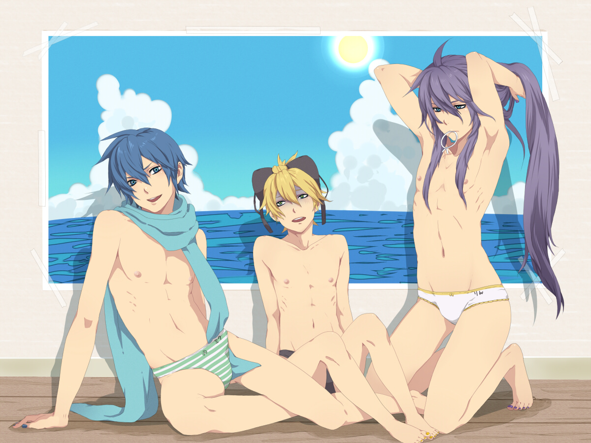 nayu, kagamine len, kaito (vocaloid), kamui gakupo, vocaloid, bad id, bad pixiv id, 3boys, adjusting hair, armpits, barefoot, blonde hair, blue hair, blue scarf, borrowed clothes, bra, crossdressing, crossdressing (mtf), lingerie, long hair, male focus, mouth hold, multiple boys, panties, photo (object), scarf, striped clothes, striped panties, underwear, underwear only, very long hair