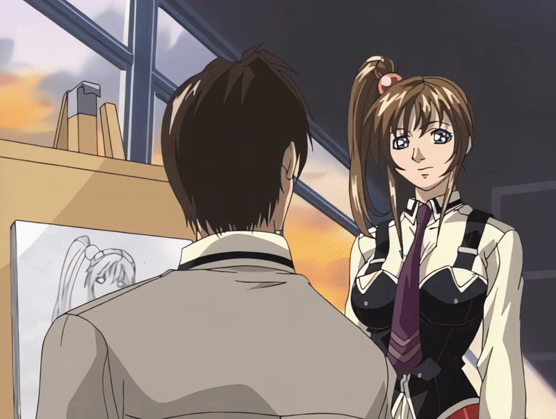 imari kurumi, minase taki, bible black, bible black night of the walpulgiss, animated, animated gif, anime screenshot, tagme, 00s, 1boy, 1girl, 2001, art class, art work, bow, bowtie, breasts, brown hair, classroom, green eyes, hair ornament, large breasts, long hair, multiple girls, necktie, red bow, red bowtie, red skirt, school uniform, shirt, short hair, side ponytail, skirt, sunset, walking, window