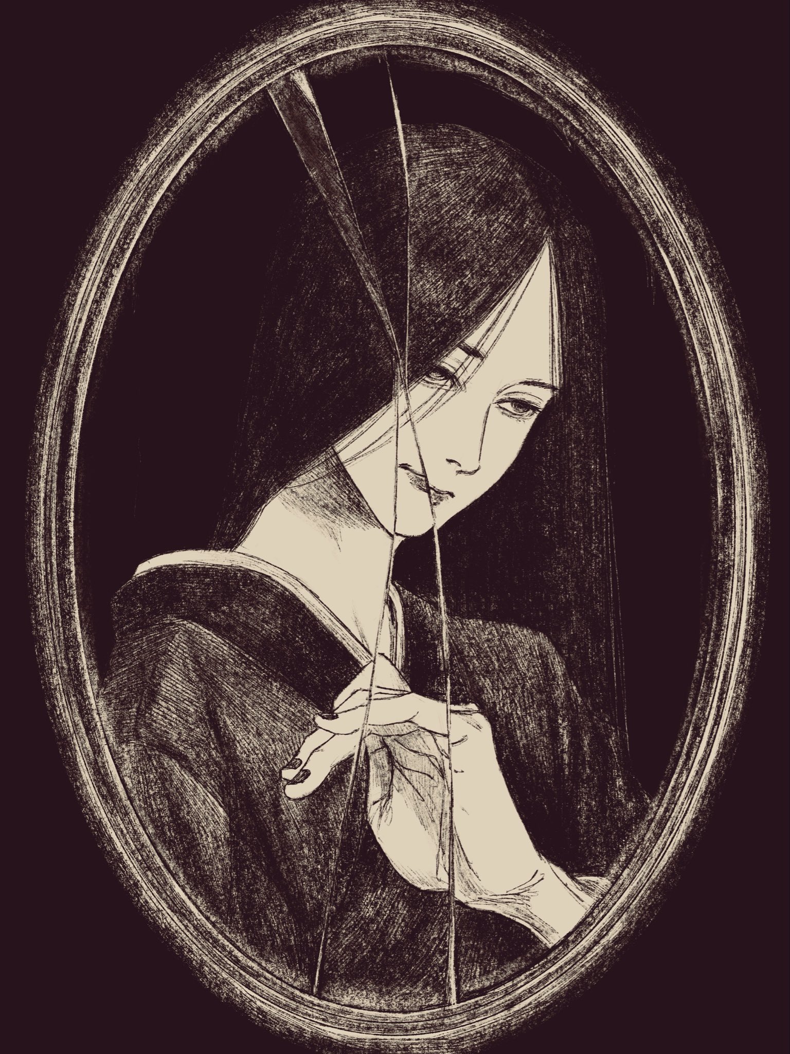 tp p pt, original, highres, 1girl, black background, black hair, black kimono, black outline, broken mirror, japanese clothes, kimono, long hair, looking to the side, mirror, outline, solo