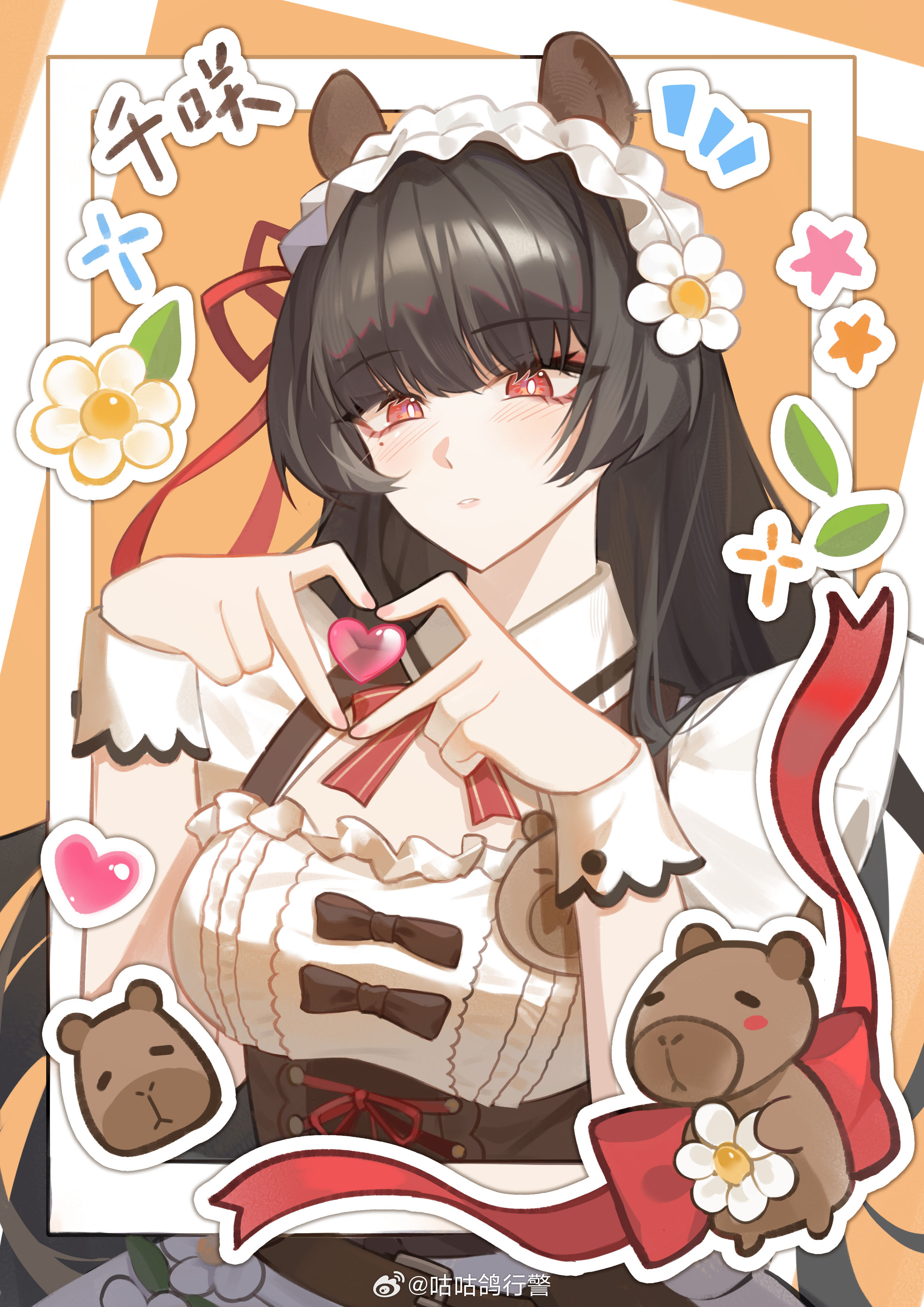 guguge, chisa (wuthering waves), wuthering waves, absurdres, highres, 1girl, alternate costume, animal ears, black hair, breasts, enmaided, fake animal ears, four-finger heart hands, heart, heart hands, large breasts, looking at viewer, maid, maid headdress, mole, mole under eye, namipon (wuthering waves), official alternate costume, parted lips, red eyes, solo, upper body