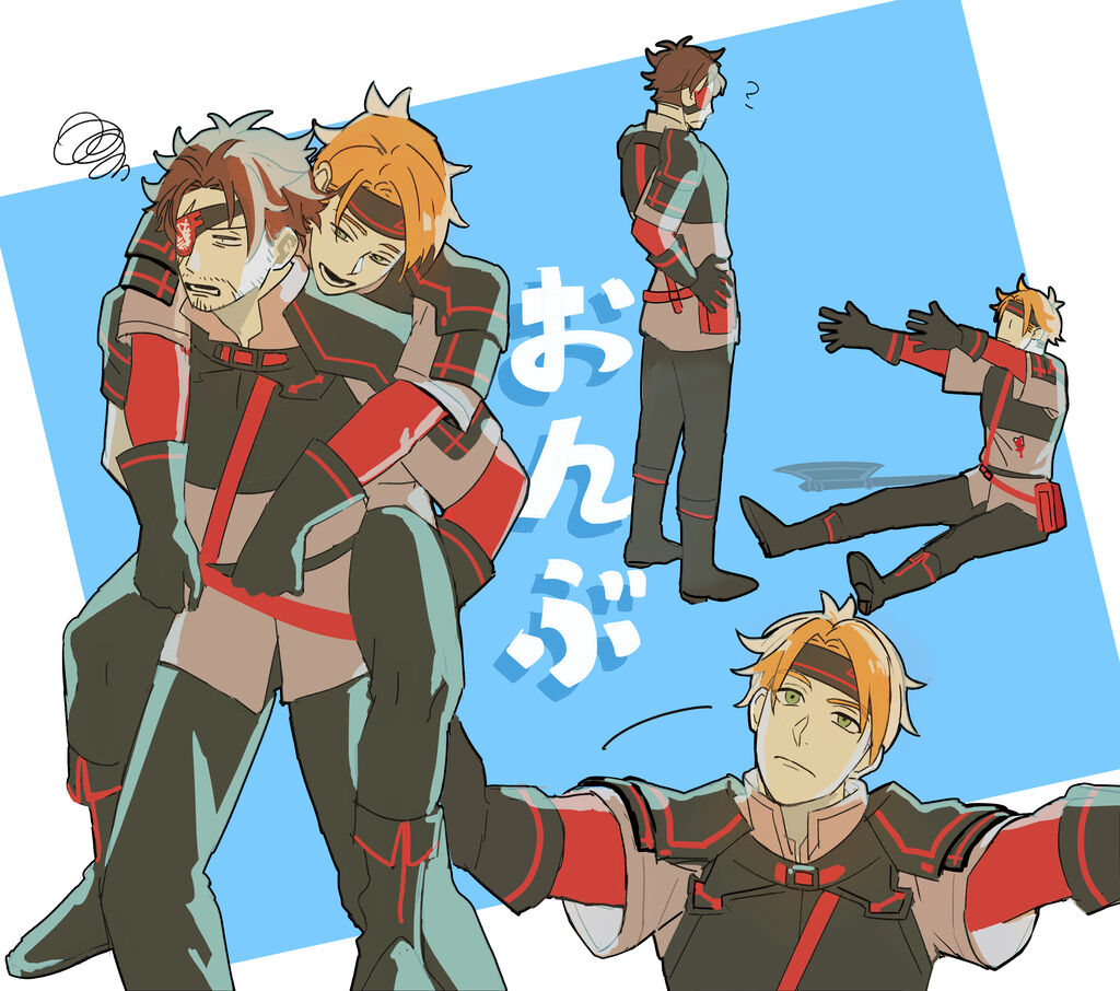 re:zero kara hajimeru isekai seikatsu, 2boys, armor, black armor, carrying, eyepatch, facial hair, forest 0812, green eyes, headband, jamal aurelie, layered sleeves, looking at viewer, male focus, multiple boys, orange hair, piggyback, simple background, todd fang