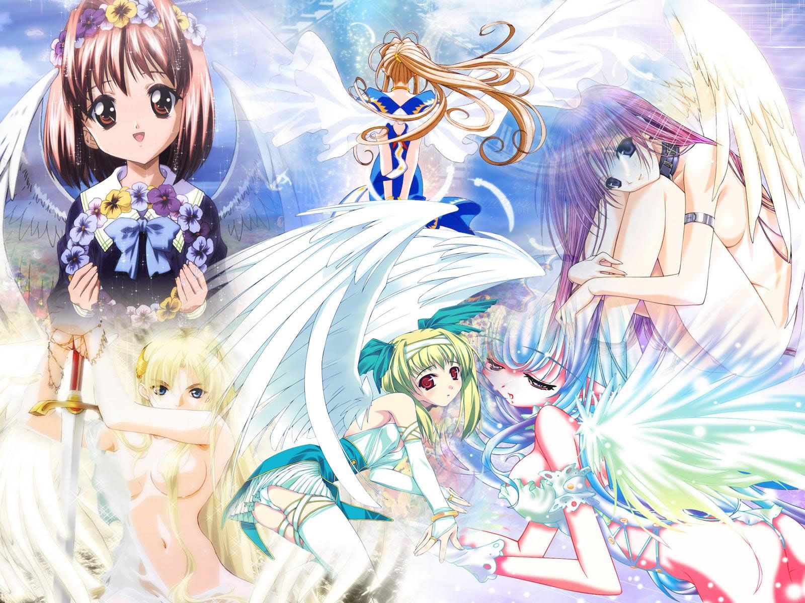 murakami suigun, rin-sin, sugiyama genshou, suzuhira hiro, belldandy, kaho (sister princess), sharon (words worth), aa megami-sama, sister princess, words worth, highres, third-party edit, 00s, 6+girls, angel, blonde hair, blue eyes, blue hair, brown eyes, brown hair, multiple girls, nude, red eyes, sword, weapon, wings