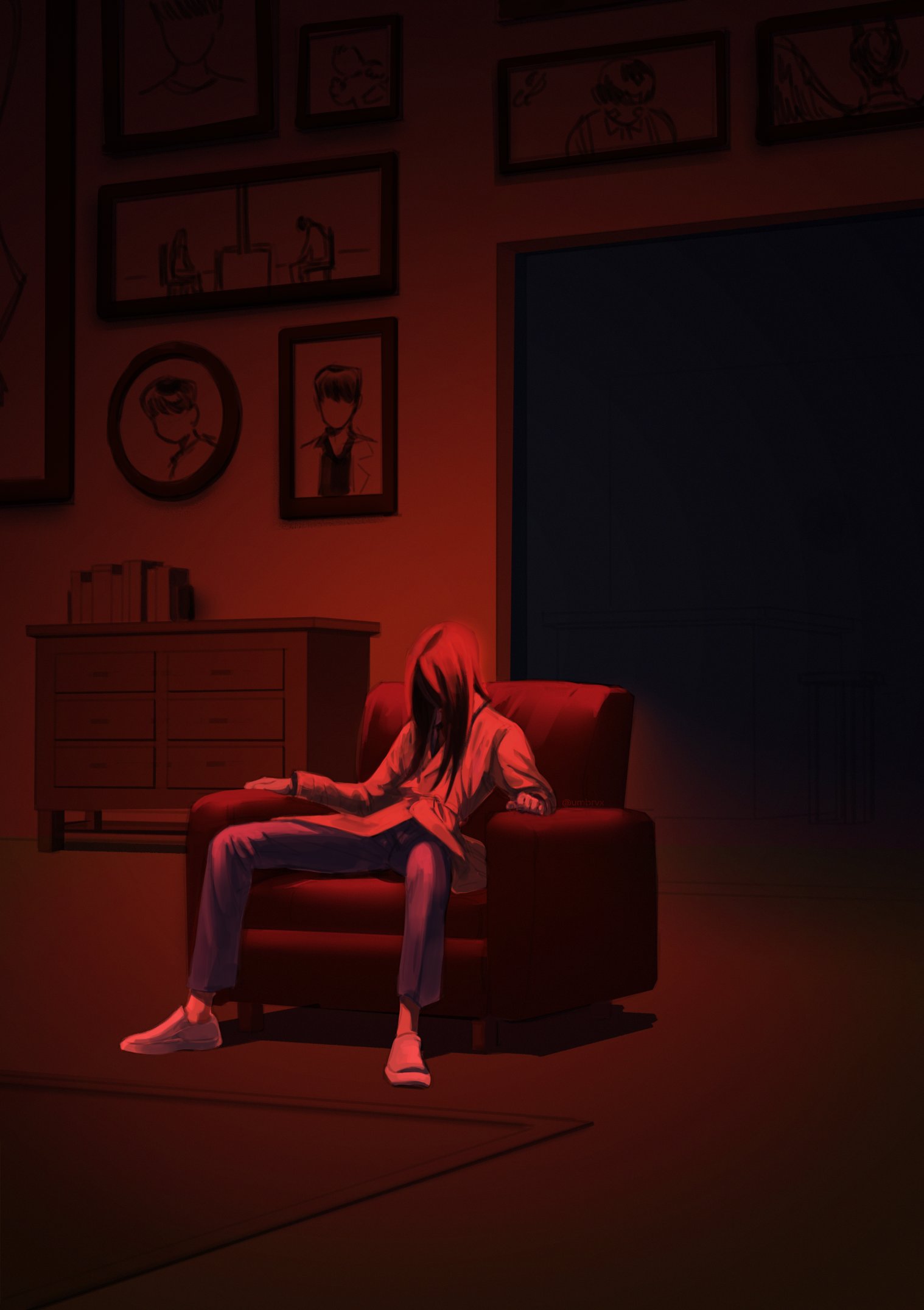 kim dokja, lee sookyung, oldest dream, omniscient reader's viewpoint, highres, 1girl, book, book stack, chair, chest of drawers, elbow rest, faceless, full body, head down, long hair, lounge chair, official alternate costume, photo (object), progression, red theme, sitting, slouching, solo, umbrvx