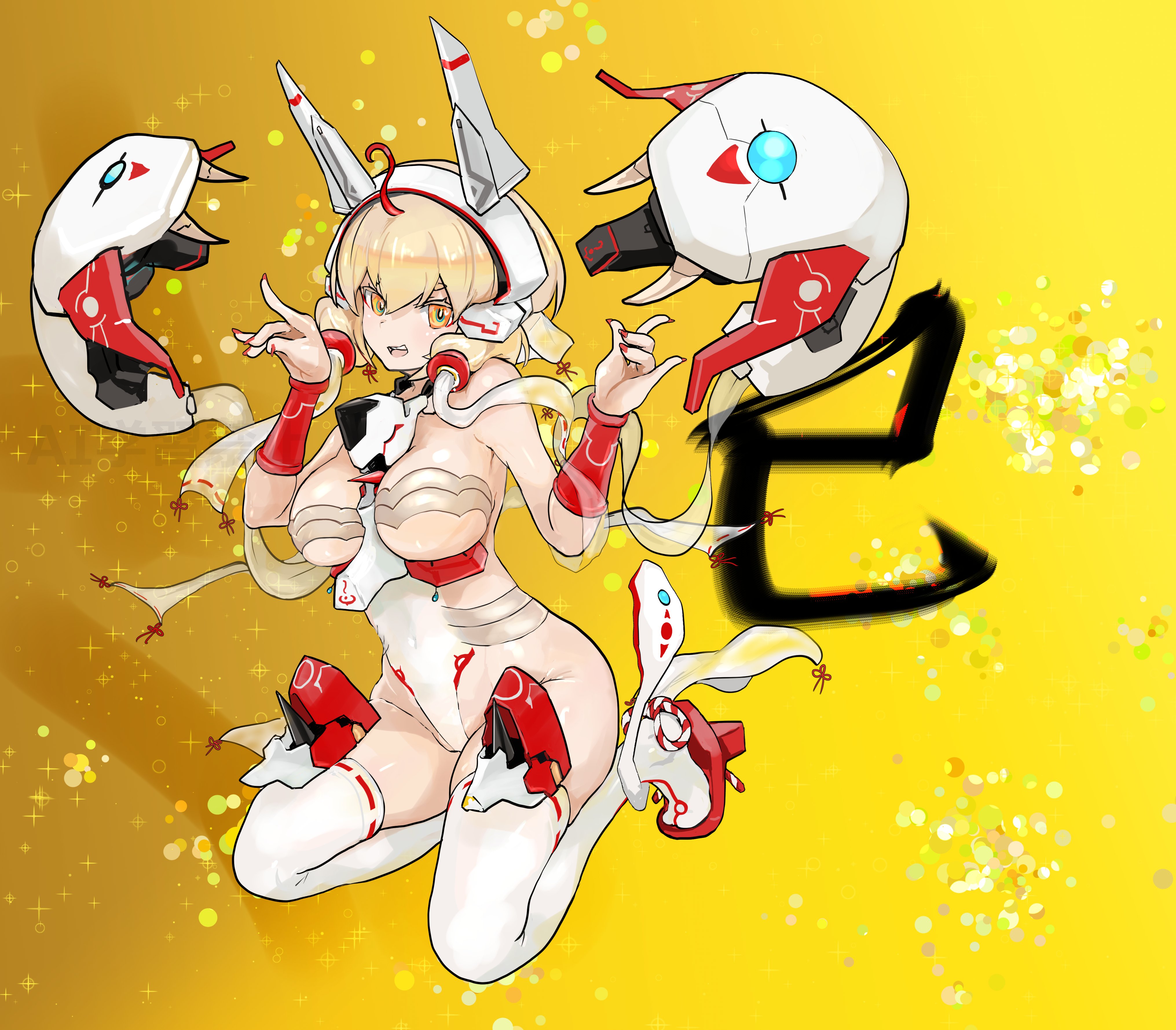 cerauniae, cosmic break, absurdres, highres, 1girl, ahoge, alternate skin color, bare shoulders, blonde hair, breasts, drone, full body, hair between eyes, headgear, high heels, kneeling, large breasts, leotard, looking at viewer, mecha, neflinka, open mouth, red nails, robot, short hair, smile, teeth, thighhighs, upper teeth only, yellow eyes