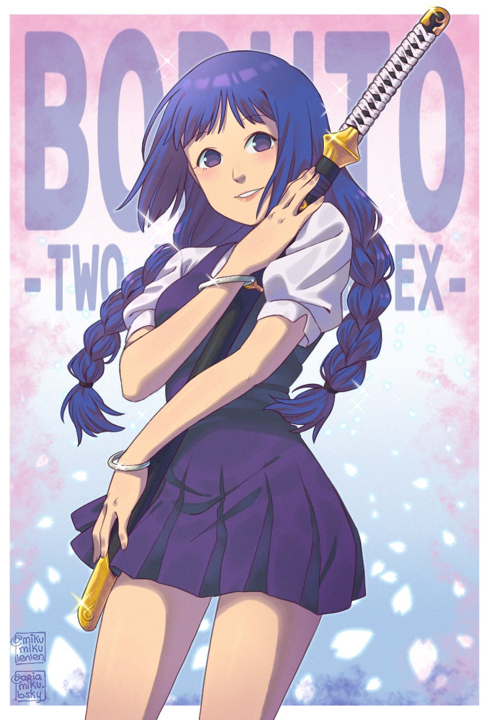 ariamikukanzaki, kakei sumire, boruto: naruto the movie, boruto: two blue vortex, naruto (series), commentary, english commentary, highres, 1girl, blue hair, bracelet, braid, breasts, copyright name, cowboy shot, dress, holding, holding sword, holding weapon, jewelry, low twin braids, medium breasts, puffy short sleeves, puffy sleeves, purple dress, purple eyes, sheath, sheathed, short dress, short sleeves, signature, smile, solo, sword, twin braids, weapon