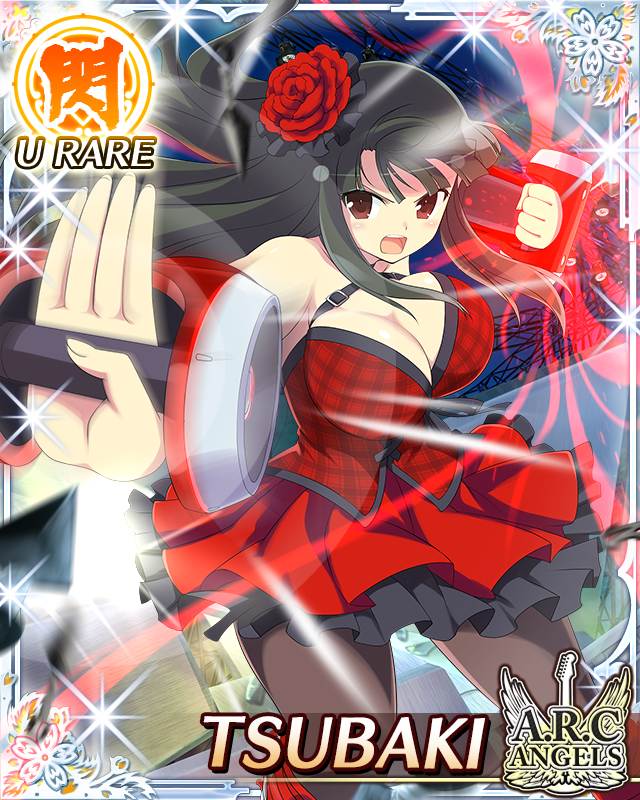 tsubaki (senran kagura), senran kagura, senran kagura new wave, game cg, official art, 1girl, :o, belt, black hair, black pantyhose, border, breasts, card (medium), character name, cleavage, dress, english text, fighting stance, flower, gauntlets, hair ornament, hime cut, large breasts, long hair, midair, night, official alternate costume, palm strike, pantyhose, plaid clothes, plaid dress, red dress, red eyes, red flower, solo, speaker, weaponized instrument