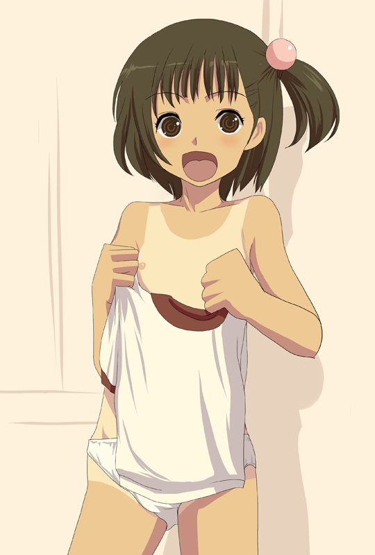 natori (natorism), original, 1girl, brown eyes, brown hair, female focus, flat chest, loli, nipples, one-piece tan, paint.net (medium), panties, side ponytail, solo, tan, tanline, topless female, underwear, white panties