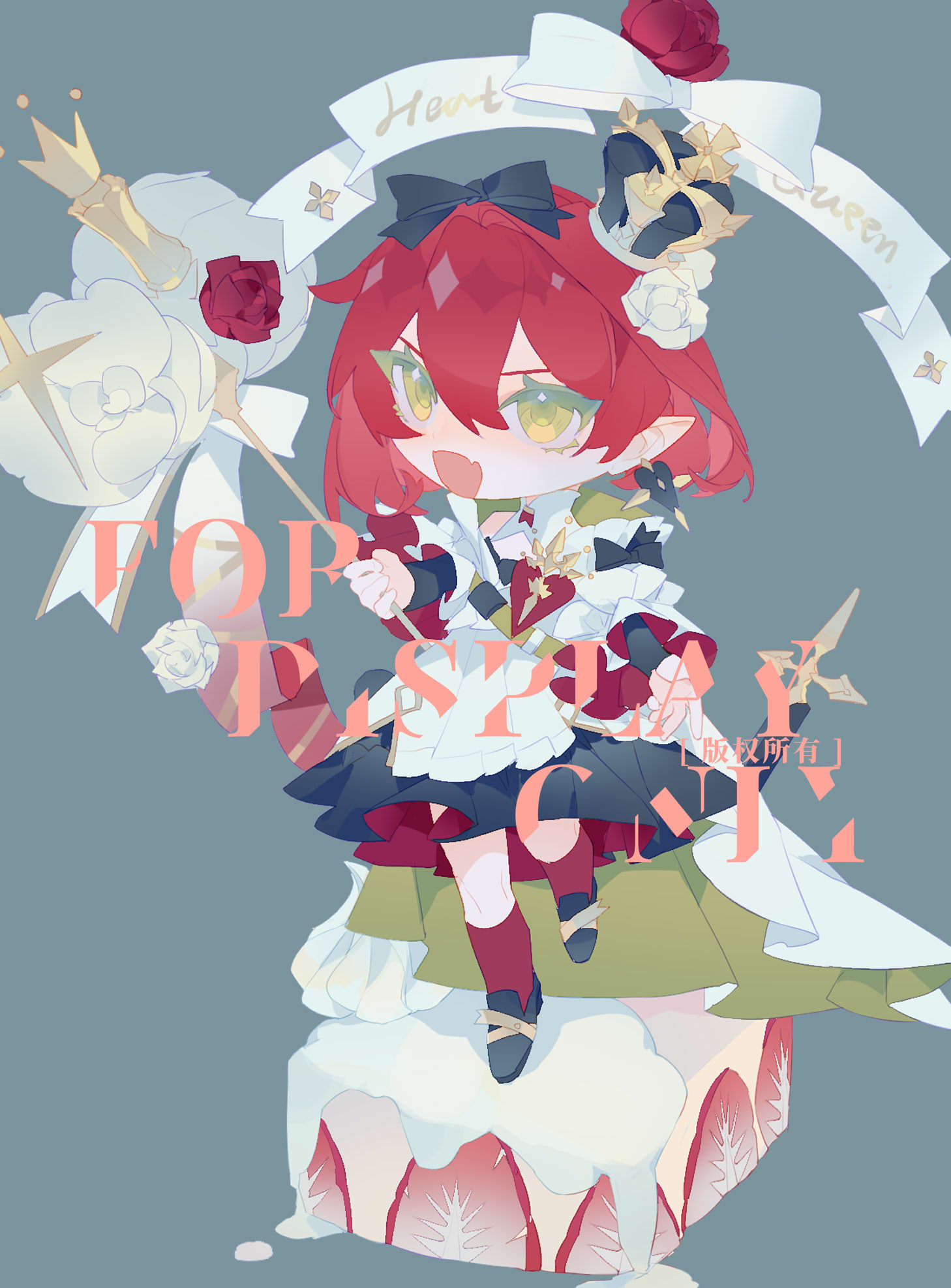 liulianjingrua, original, highres, 1girl, apron, bare shoulders, black bow, black flower, black rose, bow, cake, cake slice, chibi, chibi only, crown, dress, english text, flower, food, fork, frilled dress, frills, fruit, full body, green eyes, hair between eyes, hair bow, hair flower, hair ornament, jewelry, mini person, open mouth, pointy ears, red flower, red hair, red rose, red socks, rose, shoes, short hair, simple background, socks, solo, standing, standing on one leg, strawberry, strawberry shortcake, white flower, white rose