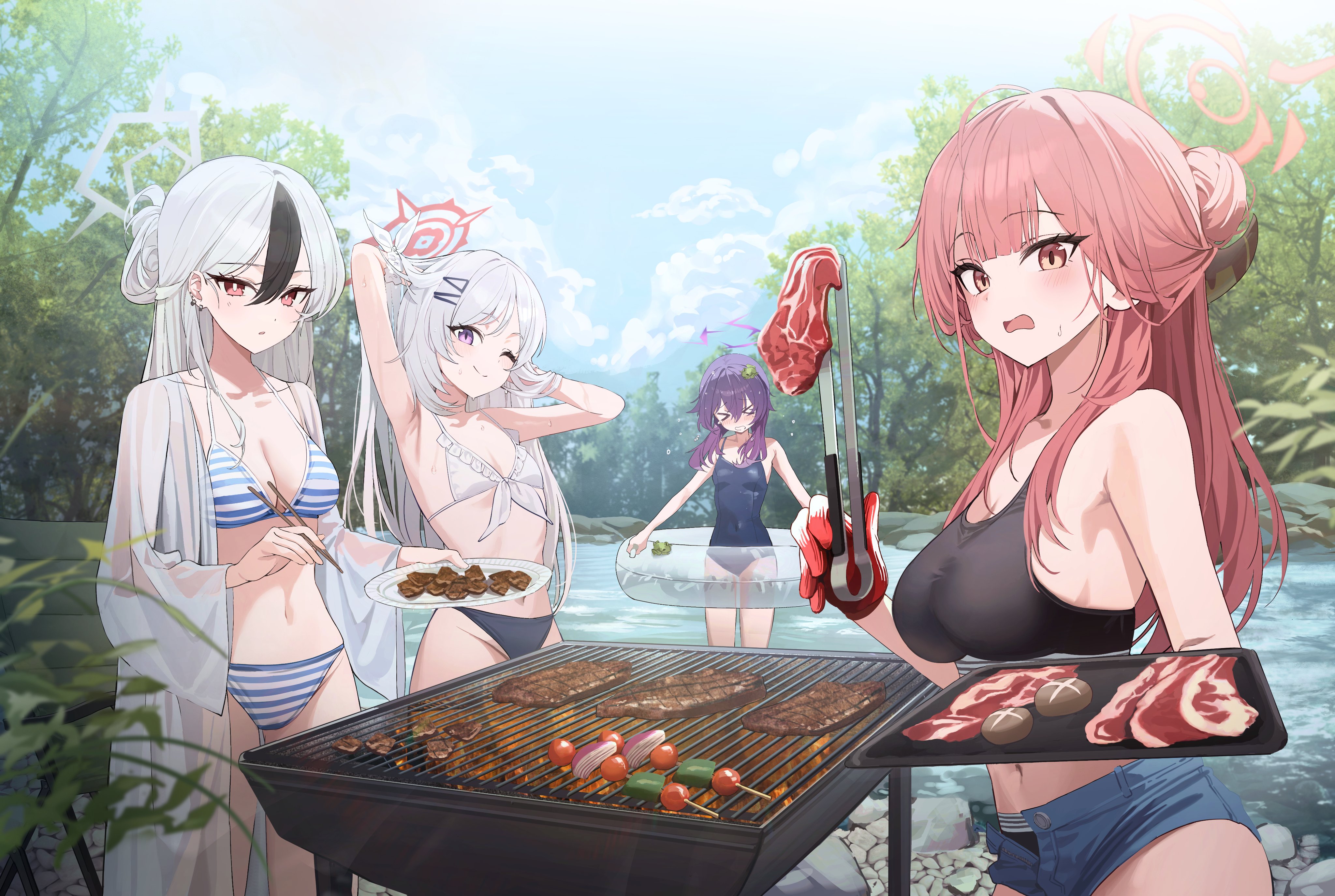 nagul, aru (blue archive), haruka (blue archive), kayoko (blue archive), mutsuki (blue archive), blue archive, absurdres, commentary request, highres, > <, 4girls, ;), bikini, black bikini, black hair, blue one-piece swimsuit, blue sky, blush, breasts, brochette, cooking, denim, denim shorts, food, grill, grilling, halo, holding, holding swim ring, innertube, large breasts, long hair, looking at viewer, meat, medium breasts, midriff, mismatched bikini, multicolored hair, multiple girls, navel, one-piece swimsuit, one eye closed, open mouth, orange eyes, outdoors, problem solver 68 (blue archive), purple eyes, purple halo, raw meat, red eyes, red hair, red halo, river, shorts, sky, small breasts, smile, striped bikini, striped clothes, swim ring, swimsuit, two-tone hair, unbuttoned, very long hair, white bikini, white hair, white halo