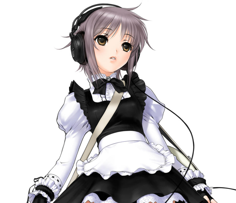 sano toshihide, nagato yuki, tissue princess, suzumiya haruhi no yuuutsu, 00s, 1girl, bag, female focus, headphones, maid, short hair, simple background, solo, white background