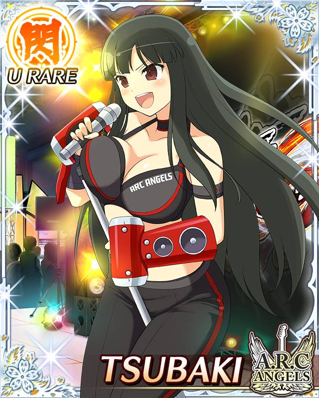 tsubaki (senran kagura), senran kagura, senran kagura new wave, game cg, official art, 1girl, :d, armband, audience, between legs, black bra, black hair, black pants, border, bra, breast press, breasts, card (medium), character name, english text, gauntlets, hime cut, holding, holding microphone stand, large breasts, long hair, microphone stand, official alternate costume, open mouth, pants, red eyes, smile, solo, speaker, stage, stage lights, underwear