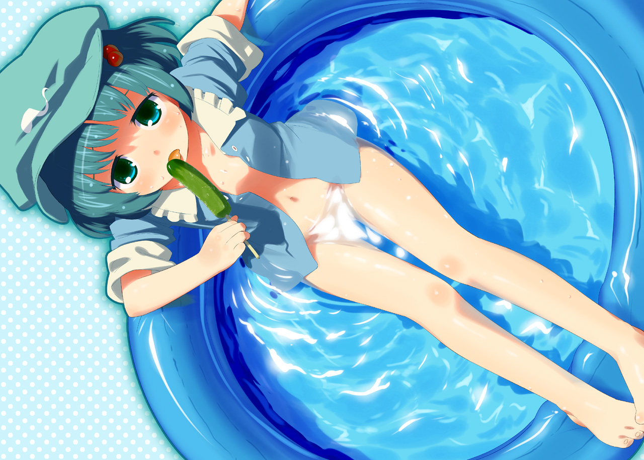 mizu asato, kawashiro nitori, touhou, 1girl, bare legs, barefoot, blue eyes, blue hair, bottomless, caustics, censored, convenient censoring, cucumber, feet, female focus, from above, hair bobbles, hair ornament, hat, legs, licking, loli, matching hair/eyes, navel, no bra, no panties, open clothes, open shirt, pigeon-toed, polka dot, polka dot background, pool, reclining, ripples, shirt, short hair, solo, sweat, twintails, two side up, wading pool, water