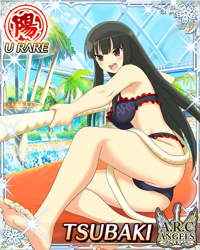 tsubaki (senran kagura), senran kagura, senran kagura new wave, game cg, official art, 1girl, barefoot, beach chair, bikini, black bikini, black hair, border, breasts, card (medium), character name, english text, hime cut, indoors, large breasts, long hair, official alternate costume, open mouth, palm tree, pool, red eyes, sitting, smile, solo, splashing, swimsuit, tree, tug of war, water