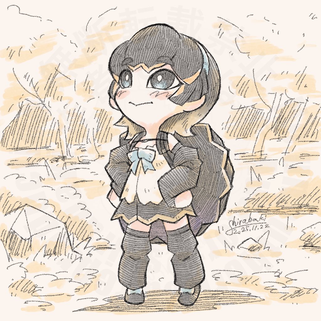 shirabaki, western santa cruz giant tortoise (kemono friends), kemono friends, 1girl, belt, black eyes, black hair, black skirt, blush, closed mouth, elbow gloves, full body, gloves, hairband, outdoors, ribbon, shirt, shoes, short hair, skirt, solo, thighhighs, turtle shell, white shirt