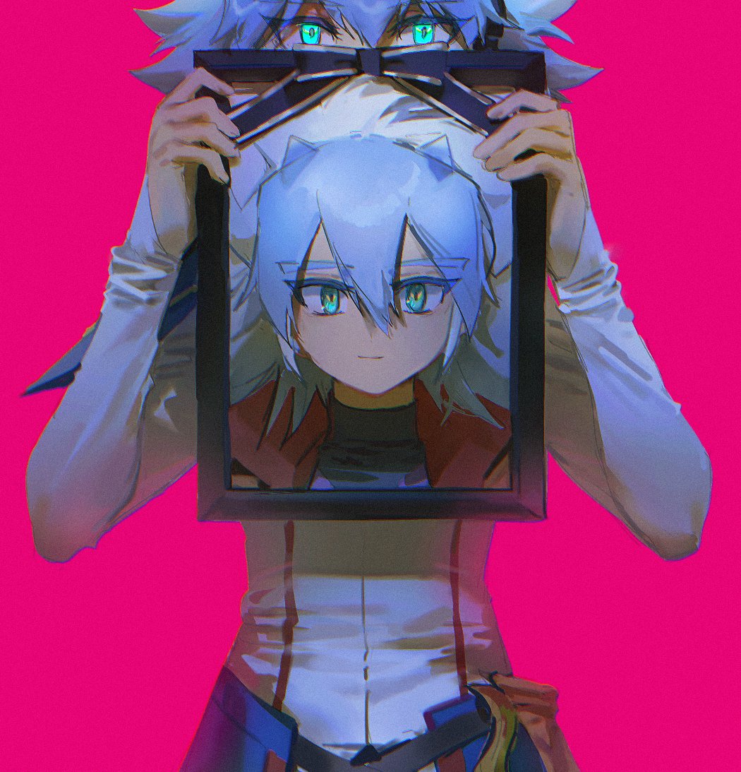 alien 888, yudias velgear, yu-gi-oh!, yu-gi-oh! go rush!!, 1boy, antenna hair, belt, black shirt, blue belt, blue bow, blue hair, bow, coat, covering face, covering own face, covering own mouth, cowboy shot, facing viewer, green eyes, hair between eyes, hair slicked back, head out of frame, headphones, high contrast, holding, holding picture frame, light smile, long sleeves, looking ahead, male focus, open clothes, open coat, picture frame, pink background, popped collar, portrait, scabbard, sheath, shirt, shoulder pads, single shoulder pad, white coat