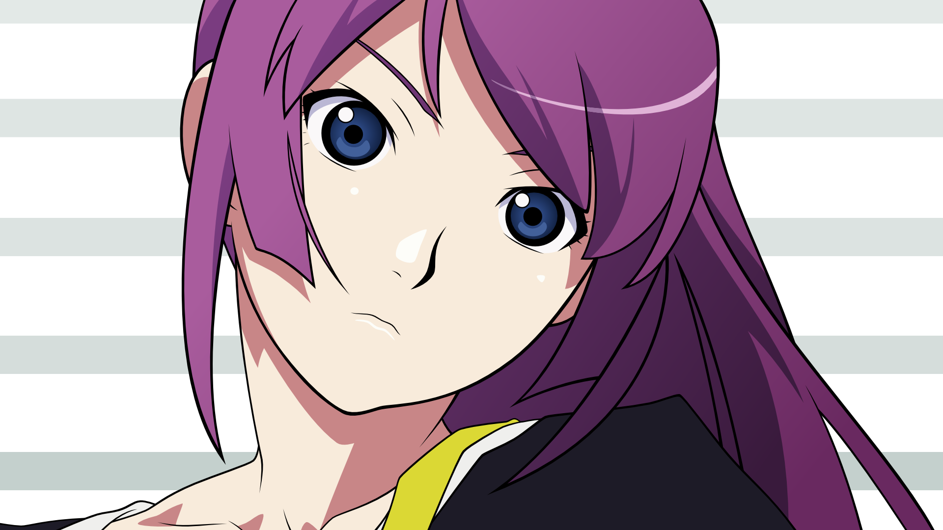 senjougahara hitagi, bakemonogatari, monogatari (series), derivative work, highres, vector trace, 00s, 1girl, blue eyes, female focus, long hair, ponytail, purple hair, solo