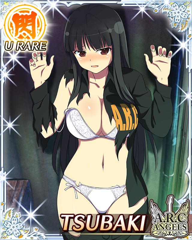 tsubaki (senran kagura), senran kagura, senran kagura new wave, game cg, official art, 1girl, against wall, black hair, black jumpsuit, blush, border, bra, breasts, card (medium), character name, cleavage, english text, hands up, hime cut, jumpsuit, large breasts, long hair, looking at viewer, official alternate costume, panties, red eyes, skindentation, solo, torn clothes, torn jumpsuit, torn panties, underwear, white bra, white panties