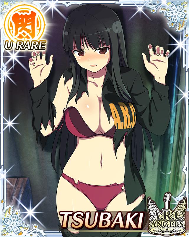 tsubaki (senran kagura), senran kagura, senran kagura new wave, game cg, official art, 1girl, against wall, black hair, black jumpsuit, blush, border, bra, breasts, card (medium), character name, cleavage, english text, hands up, hime cut, jumpsuit, large breasts, long hair, looking at viewer, official alternate costume, panties, red bra, red eyes, red panties, skindentation, solo, torn clothes, torn jumpsuit, torn panties, underwear