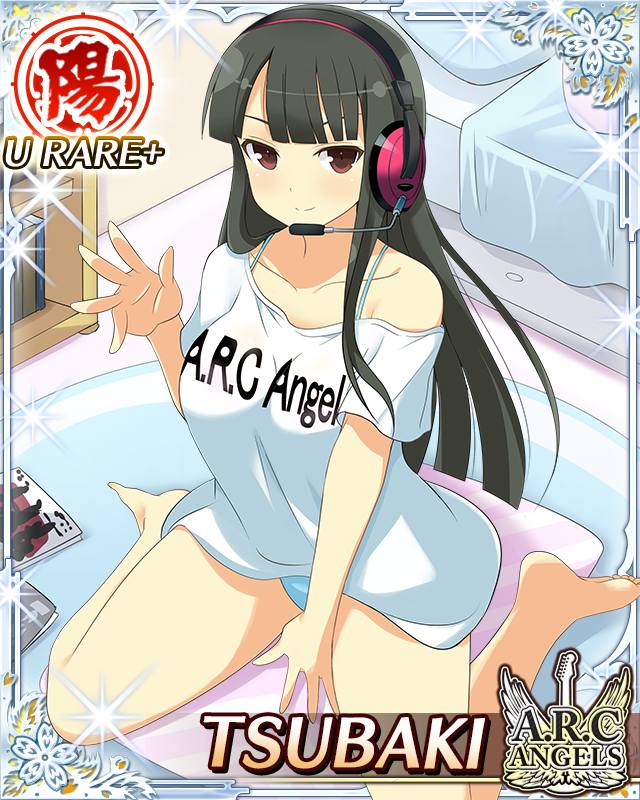 tsubaki (senran kagura), senran kagura, senran kagura new wave, game cg, official art, 1girl, bedroom, black hair, blue panties, border, bra strap, breasts, card (medium), character name, closed mouth, english text, headphones, headset, hime cut, large breasts, long hair, official alternate costume, panties, pillow, red eyes, shirt, sitting, smile, solo, underwear, wariza, waving, white shirt