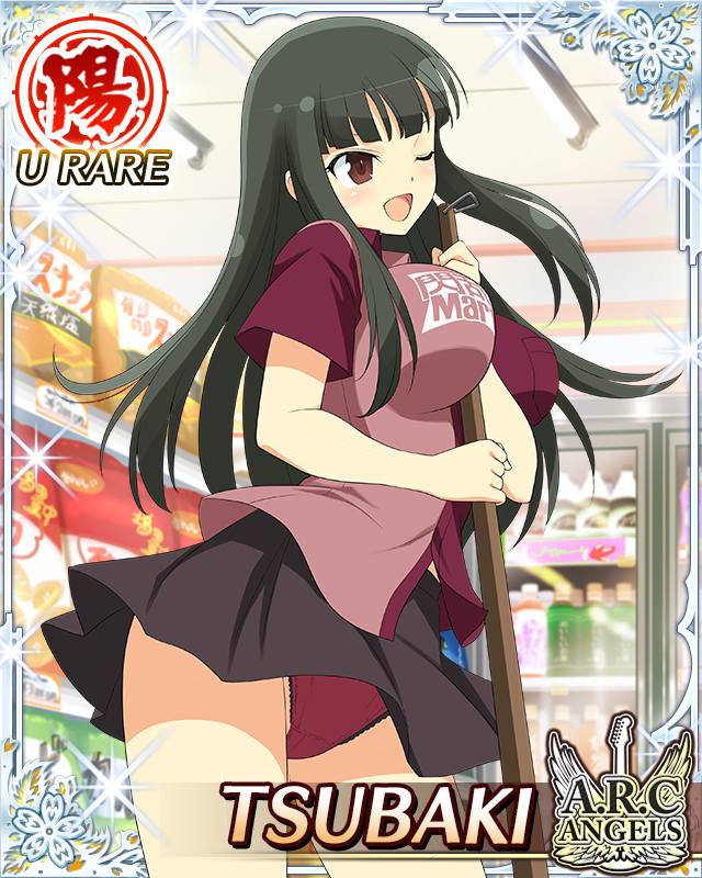 tsubaki (senran kagura), senran kagura, senran kagura new wave, game cg, official art, 1girl, between breasts, black hair, black skirt, border, breasts, broom, card (medium), character name, convenience store, english text, hime cut, holding, holding broom, indoors, large breasts, long hair, official alternate costume, one eye closed, open mouth, panties, red eyes, red panties, red shirt, shirt, shop, skirt, smile, solo, underwear, wind, wind lift