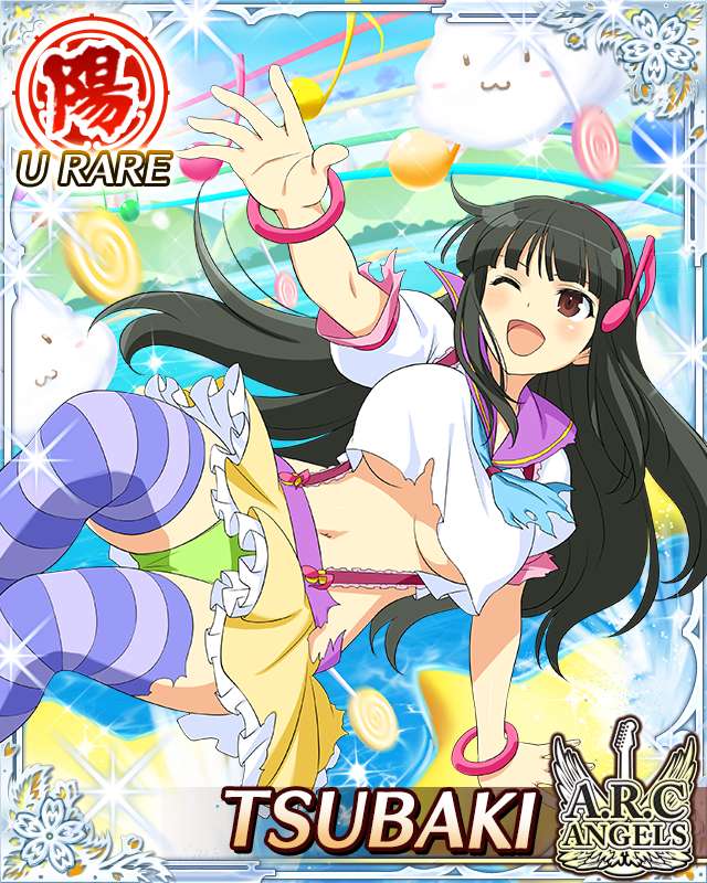 tsubaki (senran kagura), senran kagura, senran kagura new wave, game cg, official art, 1girl, black hair, blue neckerchief, blue thighhighs, border, breasts, card (medium), character name, cloud, day, english text, green panties, hairband, hime cut, large breasts, long hair, midair, musical note, navel, neckerchief, official alternate costume, one eye closed, open mouth, panties, pants, purple sailor collar, red eyes, red hairband, sailor collar, skirt, smile, solo, striped clothes, striped thighhighs, suspenders, thighhighs, torn clothes, torn neckerchief, torn pants, underboob, underwear, yellow skirt