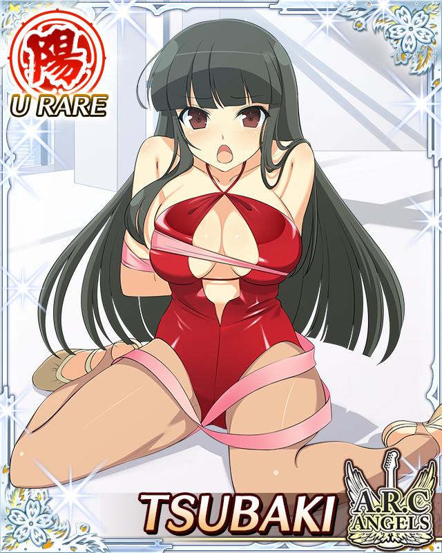 tsubaki (senran kagura), senran kagura, senran kagura new wave, game cg, official art, 1girl, :o, black hair, blush, border, breasts, card (medium), character name, cleavage, cleavage cutout, clothing cutout, english text, hime cut, large breasts, leotard, long hair, looking at viewer, official alternate costume, pantyhose, pink ribbon, red eyes, red leotard, ribbon, sitting, solo, wariza, wrapped up