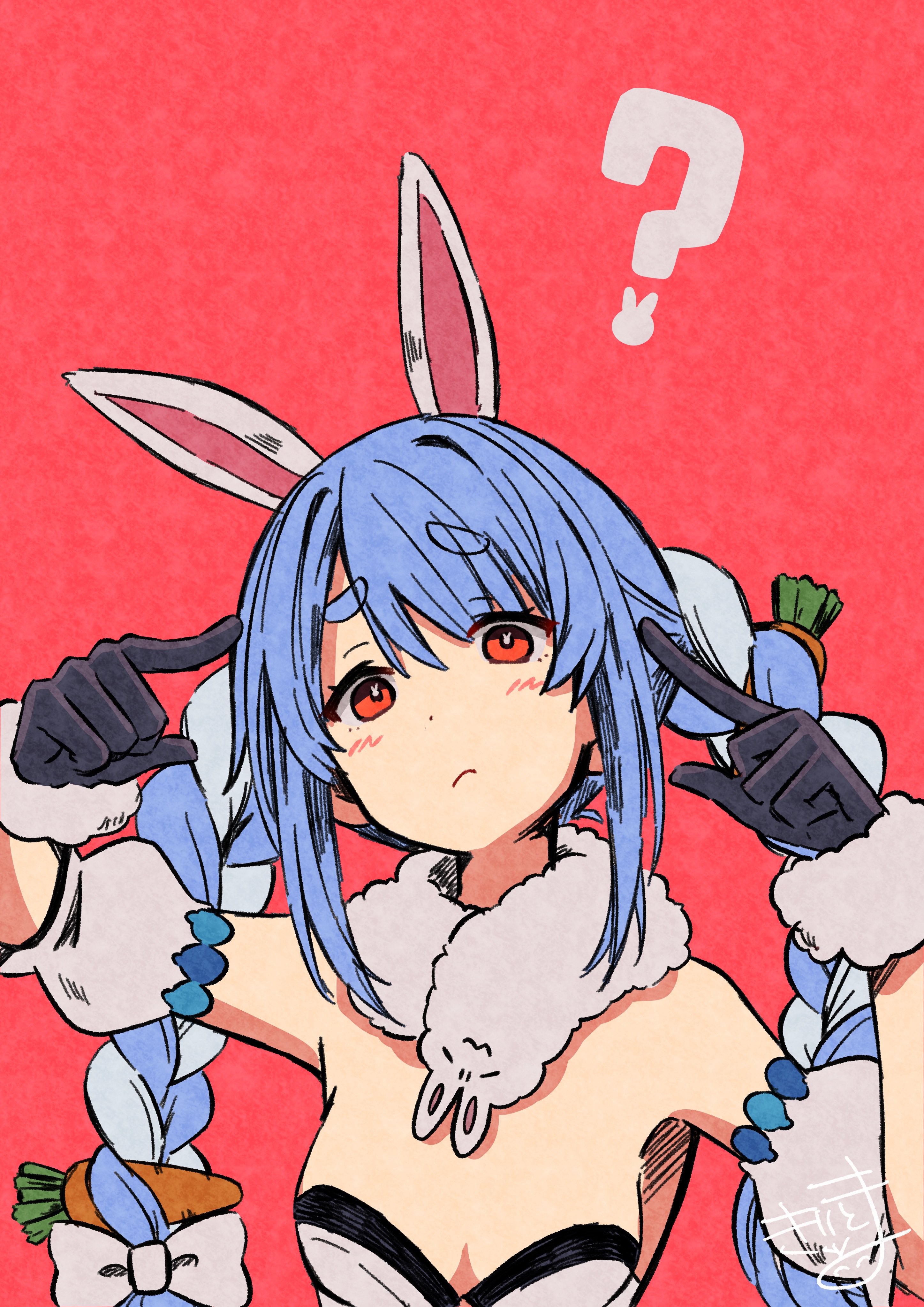 kiritoma, don-chan (usada pekora), usada pekora, usada pekora (1st costume), hololive, absurdres, commentary, highres, 1girl, ?, animal ears, arm up, bare shoulders, black gloves, black leotard, blue hair, blush, bow, braid, breasts, carrot hair ornament, closed mouth, detached sleeves, dress, food-themed hair ornament, fur-trimmed gloves, fur trim, gloves, hair between eyes, hair bow, hair ornament, hand up, head tilt, leotard, multicolored hair, puffy short sleeves, puffy sleeves, rabbit-shaped pupils, rabbit ears, red background, red eyes, short eyebrows, short sleeves, simple background, small breasts, solo, strapless, strapless dress, strapless leotard, symbol-shaped pupils, thick eyebrows, twin braids, twintails, two-tone hair, upper body, virtual youtuber, white bow, white dress, white hair, white sleeves