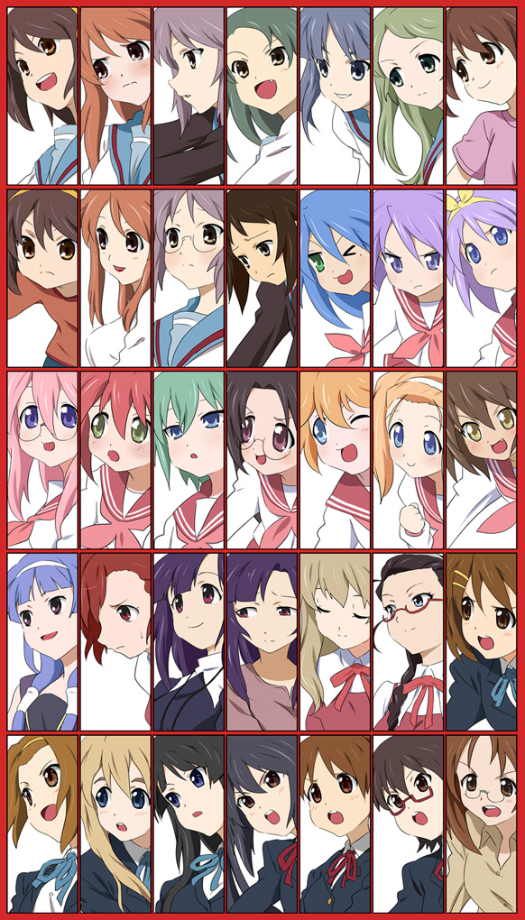 ikari manatsu, akiyama mio, aoba tsugumi, asahina mikuru, asahina mikuru (adult), asakura ryoko, hiiragi kagami, hiiragi tsukasa, hirasawa ui, hirasawa yui, iwasaki minami, izumi konata, kimidori emiri, kimura takako, kobayakawa yutaka, kotobuki tsumugi, kusakabe misao, kyon no imouto, kyonko, manabe nodoka, minegishi ayano, nagato yuki, nagi, nakano azusa, ookouchi shino, patricia martin, suzumiya haruhi, suzumiya haruhi (young), suzushiro hakua, tainaka ritsu, takara miyuki, tamura hiyori, tsuruya, yamanaka sawako, zange, k-on!, kannagi, lucky star, suzumiya haruhi no yuuutsu, md5 mismatch, resolution mismatch, source larger, 00s, 6+girls, aged down, aged up, character select, column lineup, crossover, dual persona, genderswap, genderswap (mtf), grid lineup, multiple girls, school uniform, serafuku, siblings, sisters, twins