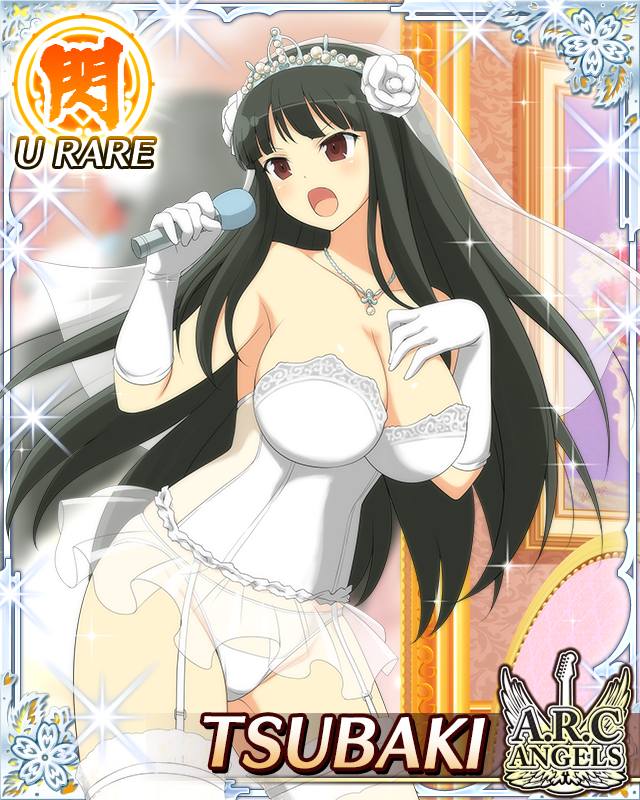 tsubaki (senran kagura), senran kagura, senran kagura new wave, game cg, official art, 1girl, :o, arms up, black hair, border, bra, breasts, bridal legwear, bridal lingerie, bridal veil, bride, card (medium), character name, cleavage, dress, english text, flower, garter belt, garter straps, gloves, hime cut, holding, holding microphone, lace, lace-trimmed thighhighs, lace trim, large breasts, lingerie, long hair, looking to the side, microphone, music, nontraditional wedding dress, official alternate costume, panties, red eyes, rose, singing, solo, thighhighs, tiara, underwear, veil, wedding dress, white bra, white flower, white garter belt, white garter straps, white gloves, white panties, white rose, white thighhighs