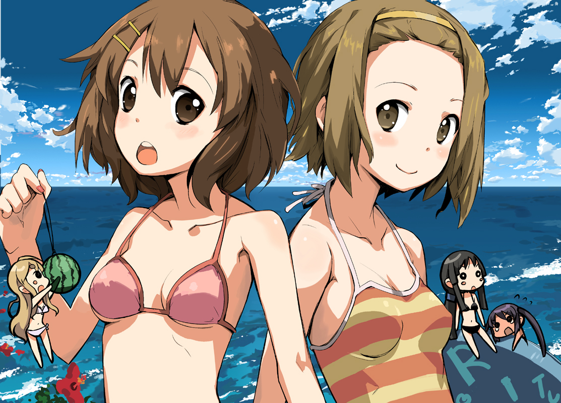 yamane masato, akiyama mio, hirasawa yui, kotobuki tsumugi, nakano azusa, tainaka ritsu, k-on!, 00s, 5girls, bikini, charm (object), chibi, day, flower, food, fruit, hibiscus, ho-kago tea time, multiple girls, one-piece swimsuit, striped clothes, striped one-piece swimsuit, swimsuit, watermelon