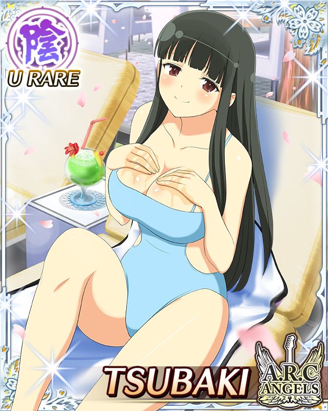 tsubaki (senran kagura), senran kagura, senran kagura new wave, game cg, official art, 1girl, applying sunscreen, beach chair, black hair, blue one-piece swimsuit, border, breasts, card (medium), character name, closed mouth, covered navel, day, drink, english text, hime cut, large breasts, light blush, long hair, looking at viewer, lotion, official alternate costume, one-piece swimsuit, petals, red eyes, sitting, smile, solo, swimsuit