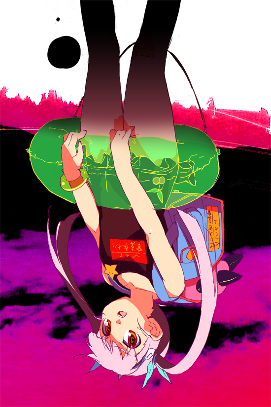 kitano yuusuke, hachikuji mayoi, bakemonogatari, monogatari (series), 00s, 1girl, backpack, bag, female focus, innertube, one-piece swimsuit, randoseru, school swimsuit, solo, swim ring, swimsuit, twintails, upside-down