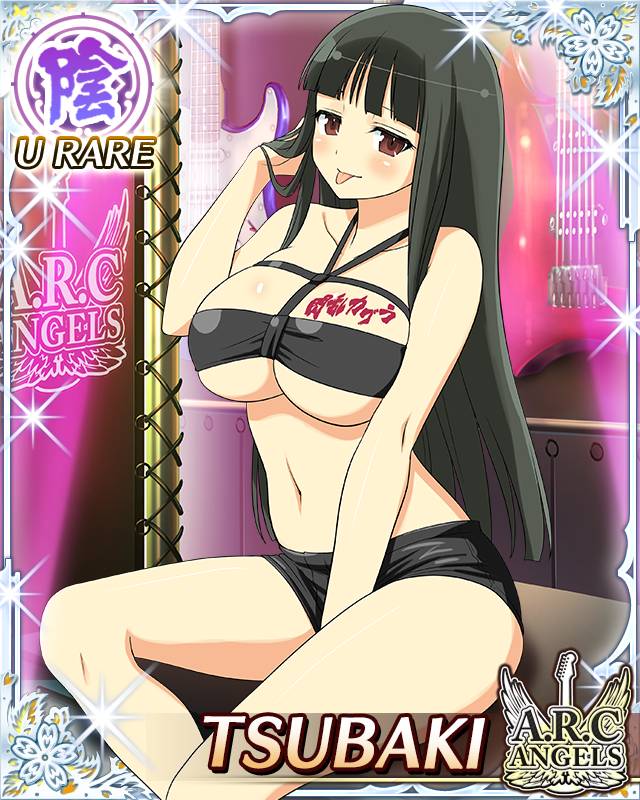 tsubaki (senran kagura), senran kagura, senran kagura new wave, game cg, official art, 1girl, arm between legs, arm up, bikini, black bikini, black hair, black shorts, body writing, border, breasts, card (medium), character name, closed mouth, electric guitar, english text, guitar, hime cut, instrument, large breasts, long hair, looking at viewer, official alternate costume, red eyes, shorts, skindentation, smile, solo, stage, swimsuit, tongue, tongue out