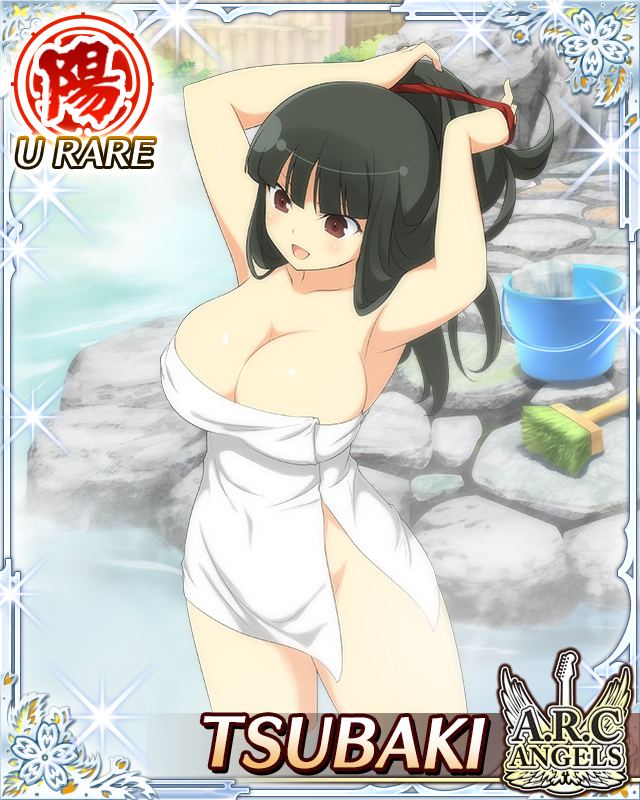 tsubaki (senran kagura), senran kagura, senran kagura new wave, game cg, official art, 1girl, adjusting hair, bath, black hair, border, breasts, bucket, card (medium), character name, cleaning, cleaning brush, cleavage, covered navel, covering privates, english text, groin, hair tie, hime cut, large breasts, long hair, naked towel, nude cover, official alternate costume, onsen, open mouth, partially submerged, red eyes, smile, solo, towel