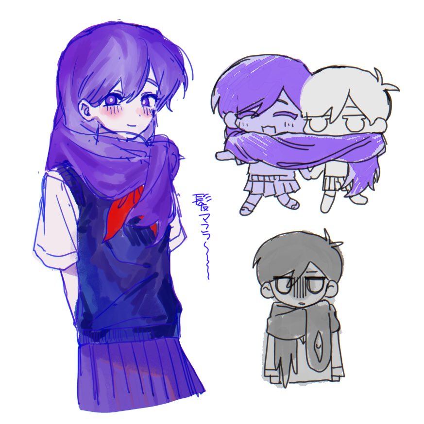 rou (h s sinrin), mari (headspace) (omori), mari (omori), omori (omori), something (omori), omori, translation request, 1boy, 1girl, :3, :d, ^ ^, antenna hair, arms behind back, blush, breasts, bright pupils, brother and sister, chibi, chibi inset, chromatic aberration, closed eyes, closed mouth, colored skin, cropped torso, double-parted bangs, empty eyes, grey hair, grey scarf, hair behind ear, hair between eyes, jitome, long hair, looking at viewer, neckerchief, no pupils, open mouth, pleated skirt, prehensile hair, purple eyes, purple hair, purple skirt, purple sweater vest, red neckerchief, scarf, shirt, siblings, simple background, skirt, small breasts, smile, solo focus, standing, straight hair, sweater vest, very long hair, white background, white pupils, white shirt, white skin
