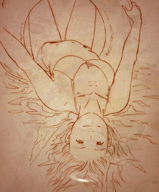 aaru sentou shuudan, nemu (haibane renmei), haibane renmei, 00s, 1girl, bare shoulders, bikini, brown theme, female focus, halo, innertube, monochrome, solo, swim ring, swimsuit, traditional halo, upside-down, water, wet, wings