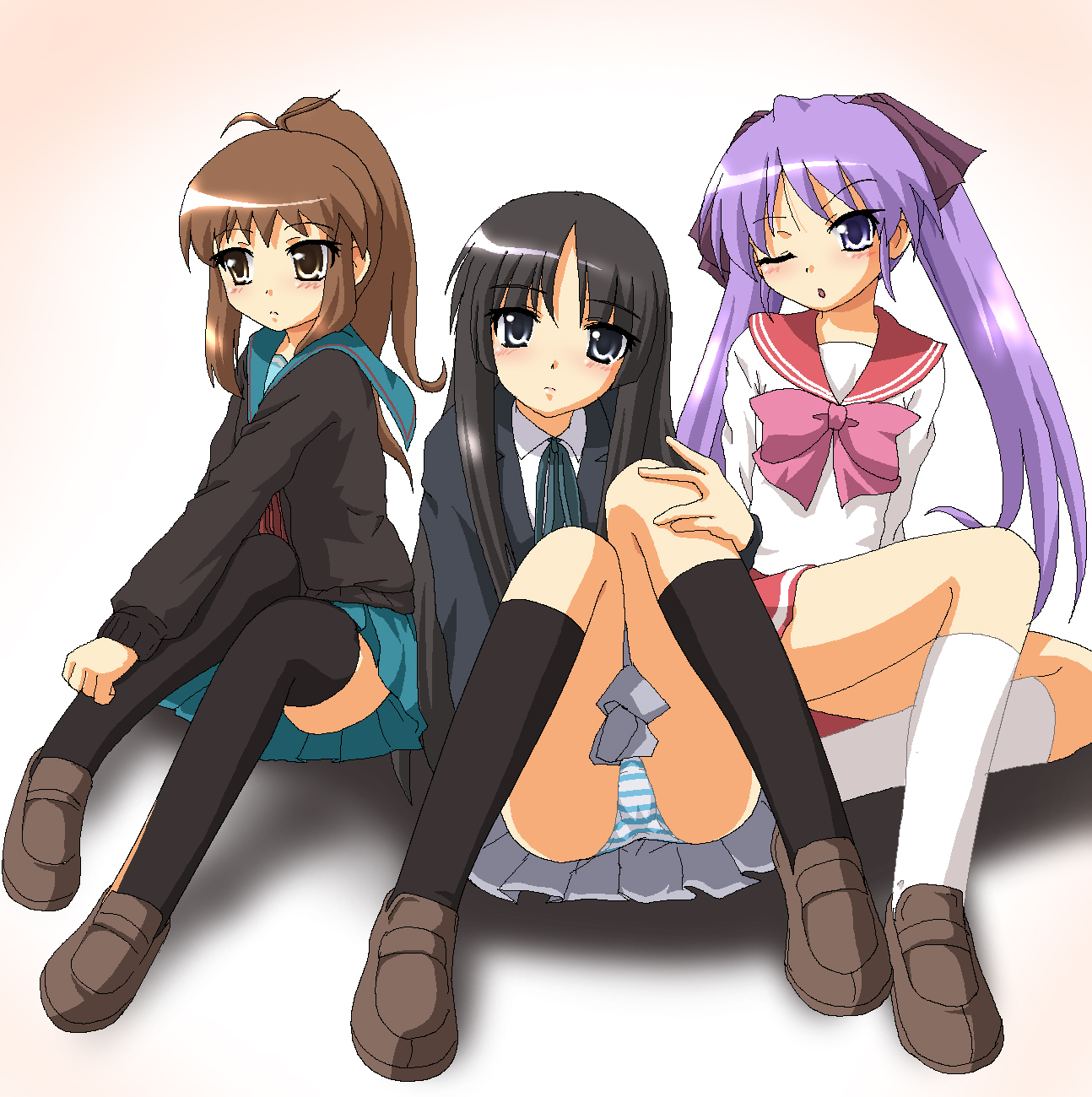 hayashiya zankurou, akiyama mio, hiiragi kagami, kyonko, k-on!, lucky star, suzumiya haruhi no yuuutsu, highres, 00s, 3girls, black eyes, black hair, brown eyes, brown hair, cardigan, collared shirt, crossover, genderswap, genderswap (mtf), long hair, multiple crossover, multiple girls, oekaki, one eye closed, panties, pantyshot, pixel art, ponytail, purple eyes, purple hair, school uniform, serafuku, shirt, sitting, skirt, striped clothes, striped panties, thighhighs, twintails, underwear, wink