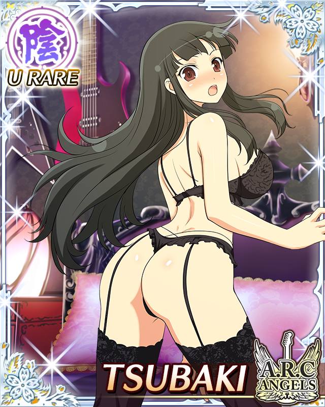 tsubaki (senran kagura), senran kagura, senran kagura new wave, game cg, official art, 1girl, :o, ass, ass focus, bedroom, black bra, black garter belt, black garter straps, black hair, black panties, black thighhighs, blush, border, bra, breasts, card (medium), character name, electric guitar, english text, from behind, garter belt, garter straps, guitar, hime cut, indoors, instrument, lace trim, lamp, large breasts, long hair, looking at viewer, looking back, official alternate costume, panties, red eyes, solo, thighhighs, underwear